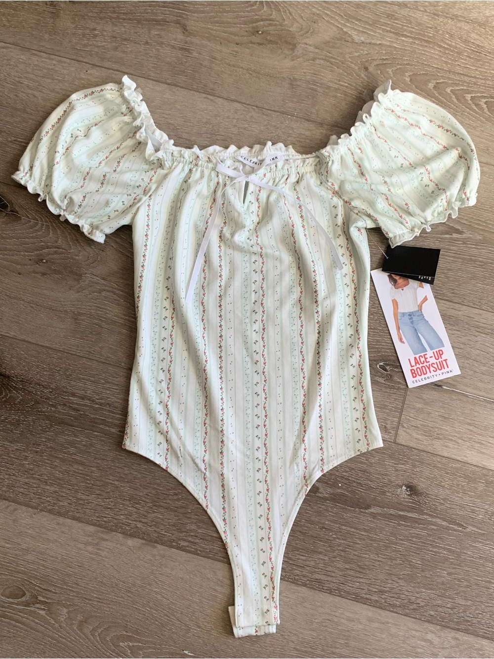 Celebrity Pink Cream Floral Stripe Lace-Up Kids Bodysuit